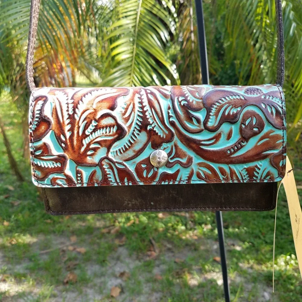 NWT Patricia Nash Hand-Tooled Turquoise Crossbody Bag / Clutch Bag